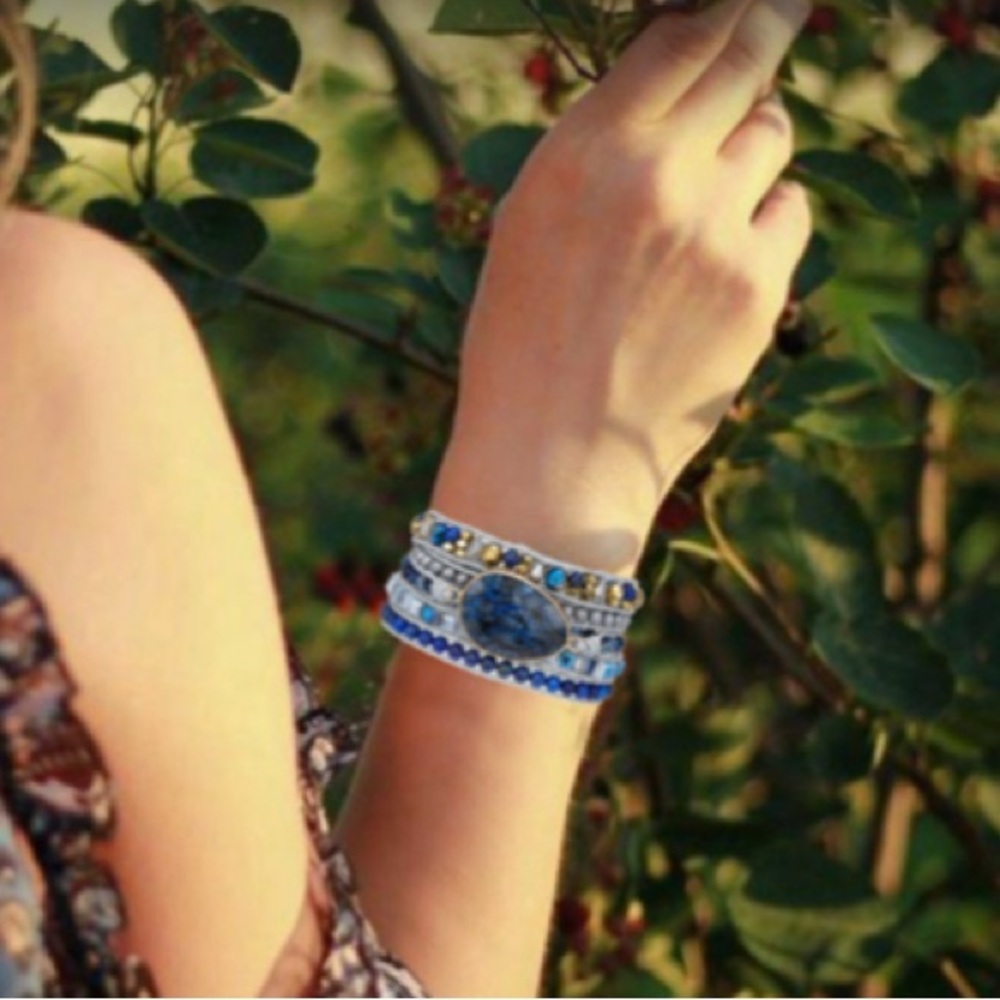 CLEARANCE Boho Handmade Natural Leather Bead Wrap Bracelet GREEN/BLUE JASPER - Picture 2 of 6